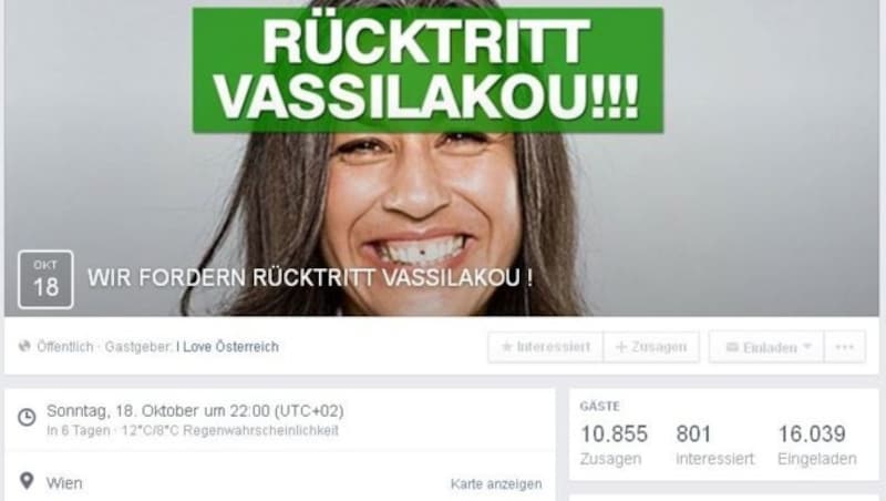 Auf Facebook fordern nach wenigen Stunden bereits Zehntausende Vassilakous Rücktritt. (Bild: Facebook.com)