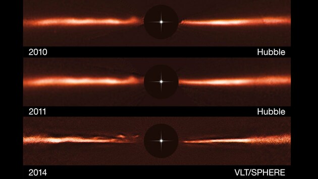 Die Wellen in der Staubscheibe um den Stern AU Microscopii (Bild: ESO, NASA & ESA)