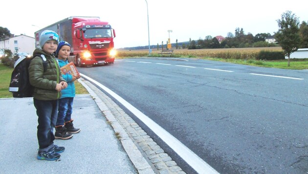 Lino (6) und Bruder Fabio (5) auf dem gefährlichen Weg zur Bushaltestelle. (Bild: Kärntner Krone)