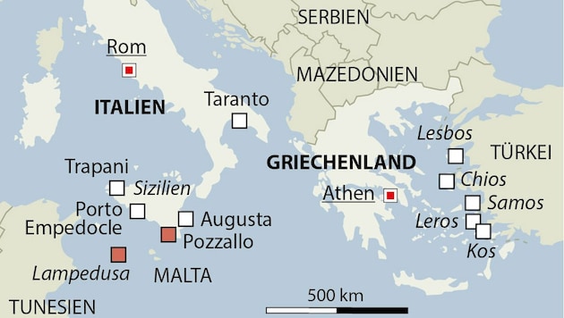 Bisher sind lediglich die Standorte in Lampedusa und Pozzallo in Betrieb. (Bild: APA)