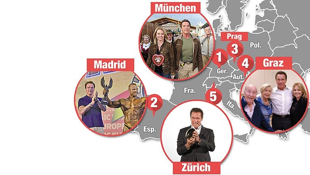 Arnie auf Tour: München, Madrid, Graz und Zürich (Bild: Krone-Grafik, APA, AFP, babirad pictures, Privat)