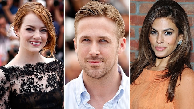 Ryan Gosling soll seine Freundin Eva Mendes mit Emma Stone betrügen. (Bild: APA/EPA/IAN LANGSDON, APA/GUILLAUME HORCAJUELO, AP)