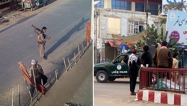 Taliban-Kämpfer in Kunduz (li.); die Islamisten erbeuteten auch Polizeiautos (re.) (Bild: AP, APA/EPA/STRINGER)