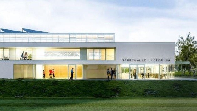 Eine Visualisierung der umweltfreundlichen Halle, die in Liefering entsteht. (Bild: Stadt Salzburg)