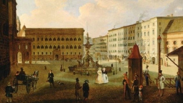 Historisches Gemälde: Der Residenzplatz in Salzburg, Öl auf Leinwand von J.M. Sattler (Bild: SMCA)