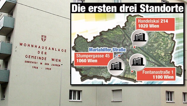 Die ersten drei Standorte der neuen Wiener Gemeindebauten (Bild: Andi Schiel, Krone-Grafik)