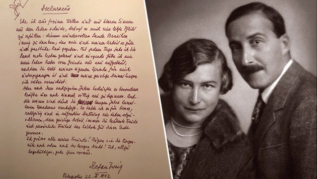 Stefan Zweig mit seiner Frau Friderike im Jahr 1927; links sein Abschiedsbrief (Bild: APA/dpa, IMAGNO Archiv Setzer Tschiedel)