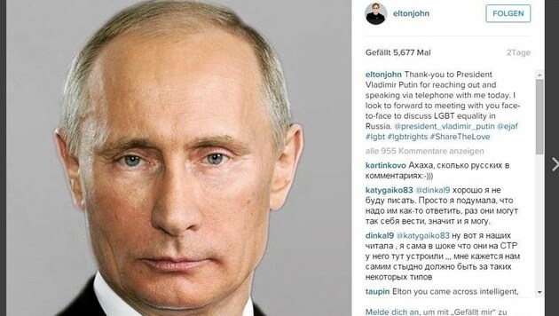 Stolz postete der Pop-Gigant das Foto von Wladimir Putin nach dessen "Anruf". (Bild: Instagram.com/eltonjohn)