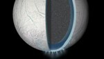 Der Ozean (blau) unter der kilometerdicken Eisschicht von Enceladus (Bild: NASA/JPL-Caltech)