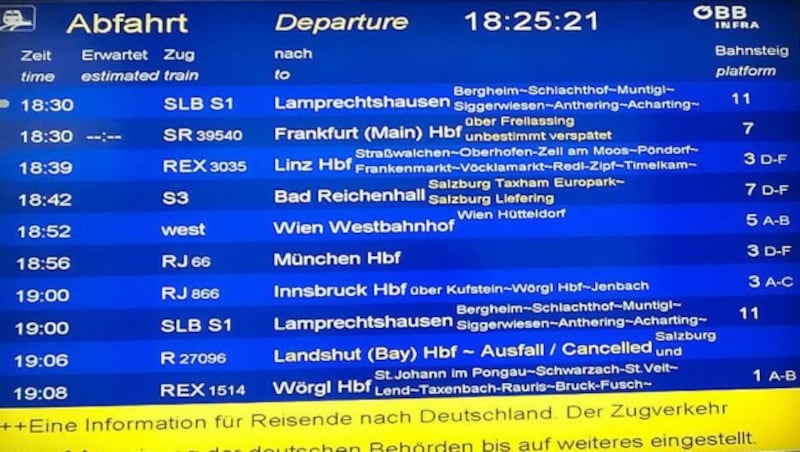 Anzeigetafel auf dem Salzburger Hauptbahnhof (Bild: APA/VERA REITER)