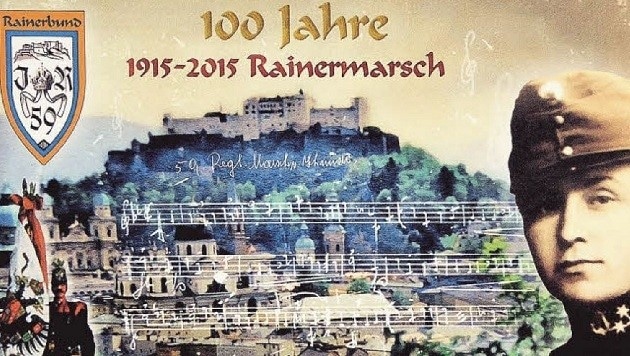 Postkarte und Sondermarke zum Marsch-Jubiläum, rechts: Hans Schmid (1893-1987). (Bild: Repro: Wolfgang Weber)