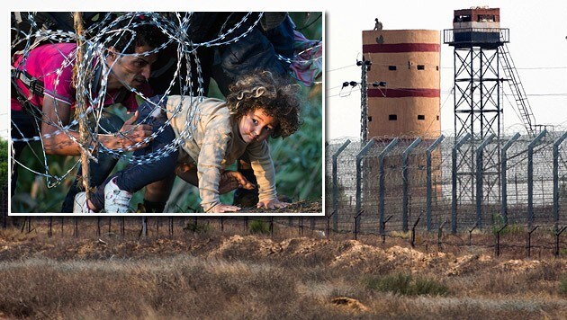 Flüchtlinge schlüpfen unter dem Zaun zwischen Serbien und Ungarn durch; Israels Hightech-Barriere (Bild: AP, APA/EPA/ABIR SULTAN)