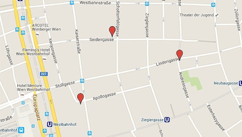 Die möglichen Standorte der neuen Asylquartiere in Wien-Neubau (Bild: Google Maps)