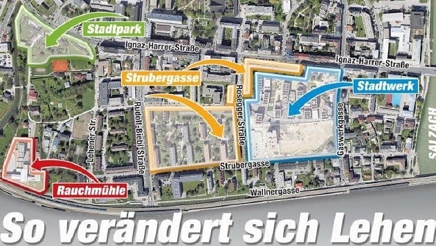 Die baulichen Änderungen im Salzburger Stadtteil Lehen auf einen Blick. (Bild: Grafik "Krone")