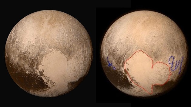 Pluto: Links das "Herz" auf einer NASA-Aufnahme, rechts die angeblichen arabischen Schriftzeichen (Bild: APA/EPA/NASA/HANDOUT, Twitter.com)