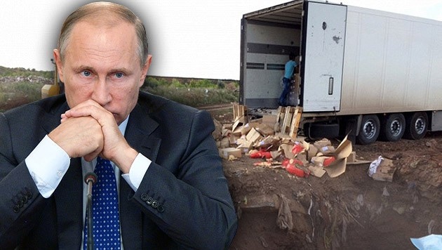 Durch einen Importstopp verbotene Lebensmittel aus dem Westen werden jetzt in Russland vernichtet. (Bild: AP, twitter.com)