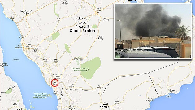 Der Anschlagsort (siehe Karte) liegt in der Grenzregion zum Bürgerkriegsland Jemen. (Bild: maps.google.com, twitter.com/Terrormonitor)