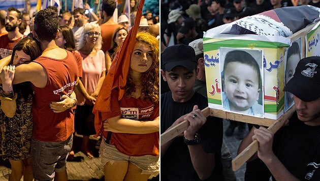 Anti-Gewalt-Kundgebung in Jerusalem; Trauerzug für den 18 Monate alten Ali Dawabsheh (Bild: APA/EPA/ABIR SULTAN, AP)