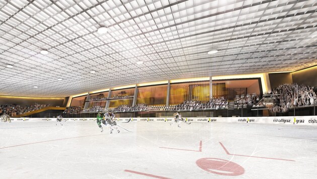 So wird die Eishalle in Richtung Norden nach dem Umbau aussehen. (Bild: MA-Quadrat - Arch. DI Anton Mari)