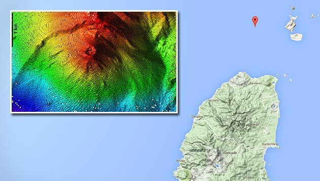 Das kleine Bild zeigt eine Radaraufnahme des Vulkans. (Bild: NOAA, google.de/maps)