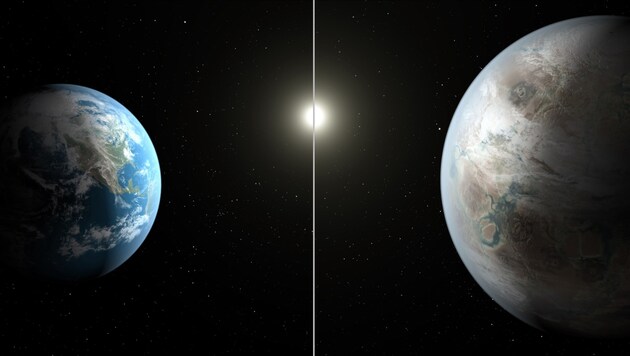 Eine Grafik zeigt unsere Erde (links) und den bislang erdähnlichsten Planeten "Kepler-452b". (Bild: AP)