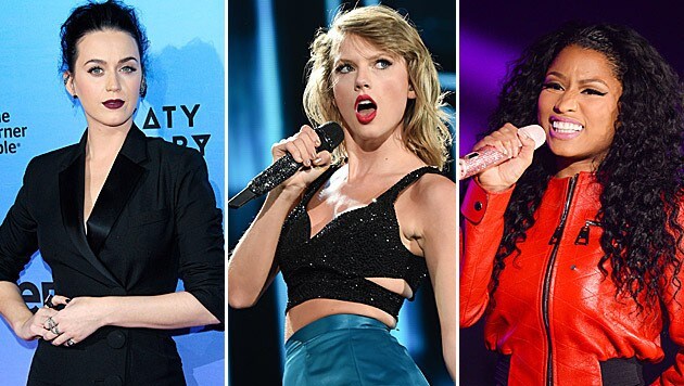Katy Perry, Taylor Swift und Nicki Minaj liefern sich gerade einen Zickenkrieg auf Twitter. (Bild: APA/EPA/NINA PROMMER, Jordan Strauss/Scott Roth/Invision/AP,)