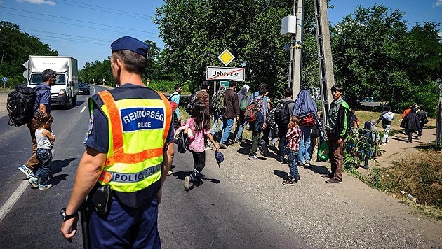 Ein ungarischer Polizist eskortiert Flüchtlinge in ein Camp im Osten des Landes. (Bild: APA/EPA/ZSOLT CZEGLEDI)