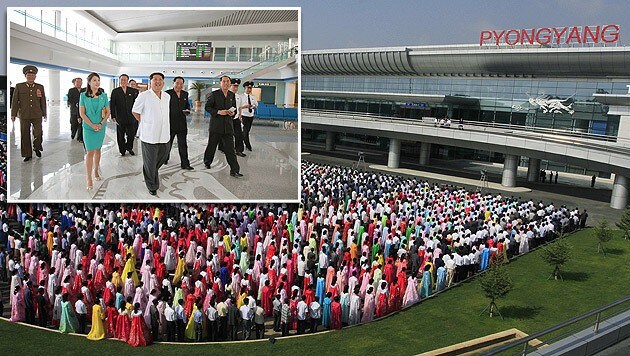 Hunderte Menschen bei der feierlichen Eröffnung des Airports; Luftfahrt-Fan Kim Jong Un (kl. Bild) (Bild: AFP, AP)