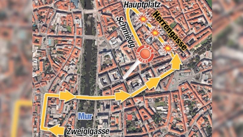 Quer durch die Grazer Innenstadt verlief die Route des Amokfahrers. (Bild: "Krone"-Grafik)