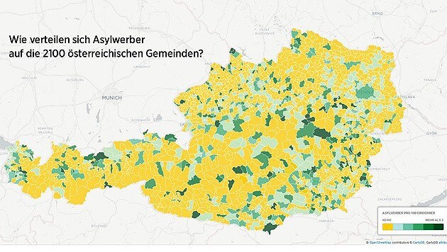 Auf dieser Grafik ist zu sehen, in welchen Gemeinden keine Asylwerber (gelb eingefärbt) leben. (Bild: twitter.com/KlausSchwertner)