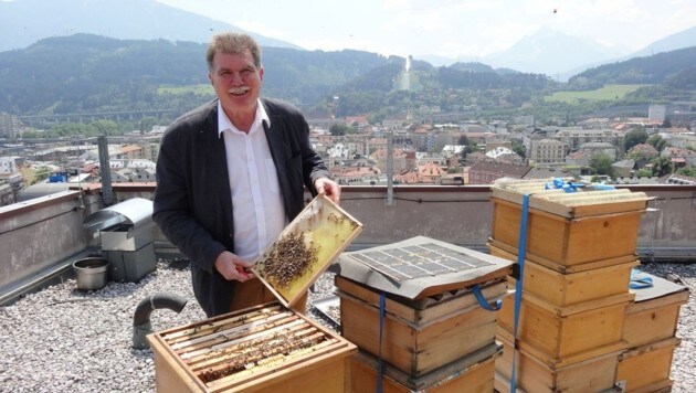 Den Bergisel im Blick, horten Hetzenauers Bienen auf dem Dach vom Hotel Hilton ihren Honig. (Bild: Claudia Thurner)