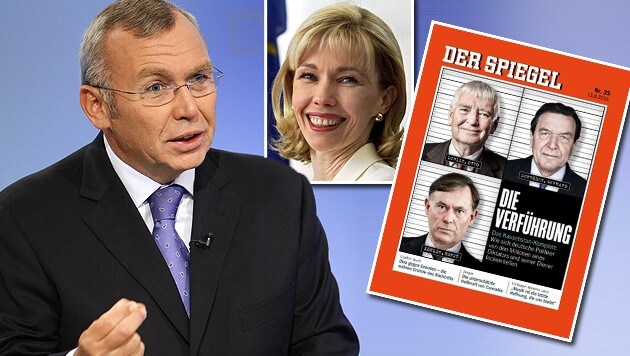 Ex-Kanzler Gusenbauer, Doris Schröder-Köpf und die "Spiegel"-Titelseite (Bild: EPA, SPIEGEL, dpa/dpaweb/Zentralbild/Ralf Hirschberger)