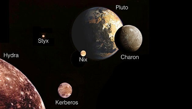 Künstlerische Illustration von Pluto und seinen fünf Monden (Bild: NASA/JPL/Mark Showalter, SETI Institute)