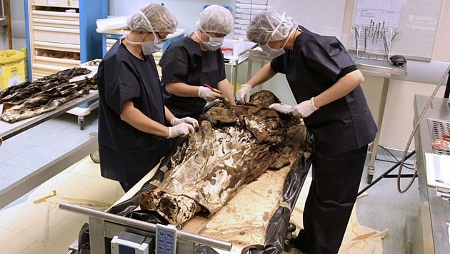 Forscher untersuchen die gut erhaltene Leiche aus dem 17. Jahrhundert. (Bild: AFP/Rozenn Colleter, INRAP)