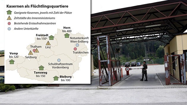 Die Einfahrt zur Kaserne Bleiburg in Kärnten (Bild: APA/GERT EGGENBERGER, APA-Grafik)