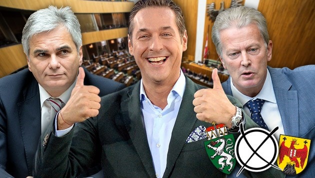 Von links im Bild: Werner Faymann (SPÖ), Heinz-Christian Strache (FPÖ), Reinhold Mitterlehner (ÖVP) (Bild: APA, krone.at-Grafik)