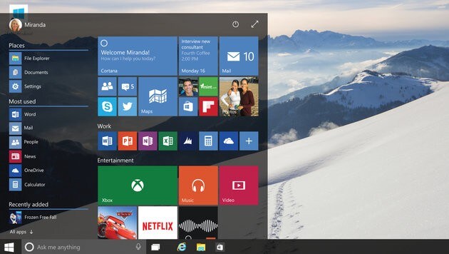 Kehrt mit Windows 10 zurück, nur bunter und besser individualisierbar: das Startmenü. (Bild: Microsoft)