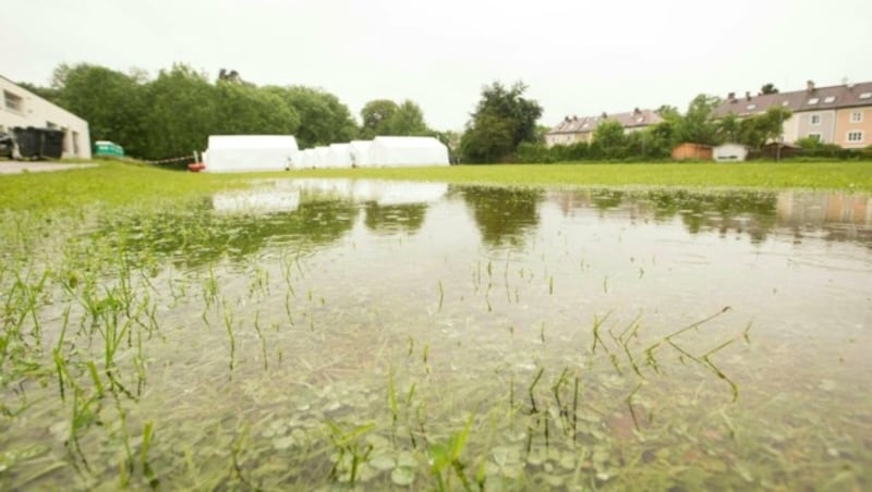 Auch neben dem Salzburger Zeltlager steht die Wiese unter Wasser. (Bild: APA/NEUMAYR/MMV)