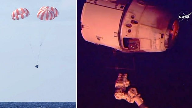 "Dragon" beim Abkoppeln von der ISS (rechts) und bei der Landung im Pazifik (links) (Bild: SpaceX, NASA TV)