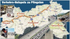 Am Pfingstwochenende ist auf allen Straßen im gesamten Land vermehrt mit Überlastungen zu rechnen. (Bild: Krone Grafik)