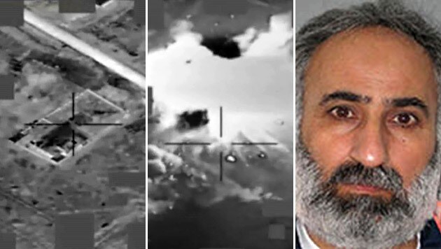Bilder vom Luftangriff, bei dem Afari (rechts) getötet worden sein soll (Bild: Ministry of Defence (Iraq), US State Department)