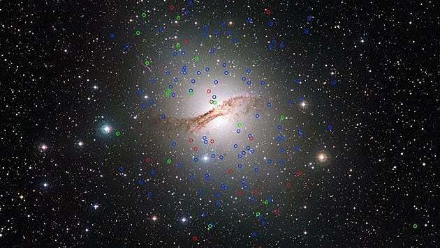 "Dunkle" (rot), normale (blau) und Kugelsternhaufen, die Zwerggalaxien ähneln (grün) in Centaurus A. (Bild: ESO/Digitized Sky Survey, Davide de Martin)