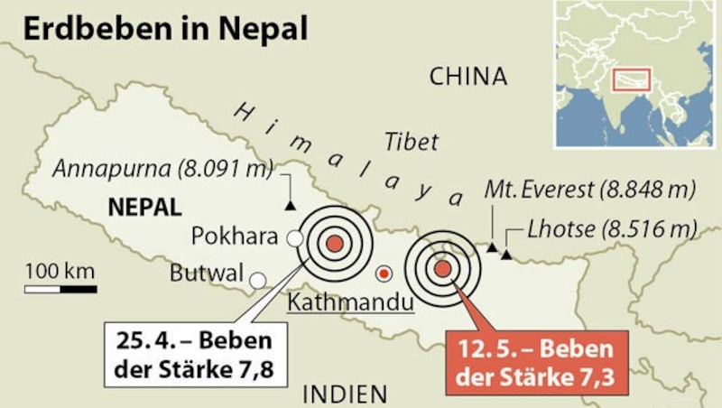 Die Grafik zeigt, wo die Epizentren der Beben am 25. April und am 12. Mai lagen. (Bild: APA)