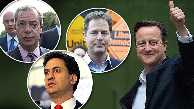 V.l.: Nigel Farage, Ed Miliband, Nick Clegg, David Cameron (Bild: APA/ARRIZABALAGA, APA/RADBURN/PA WIRE, AP, krone.at-Grafik)