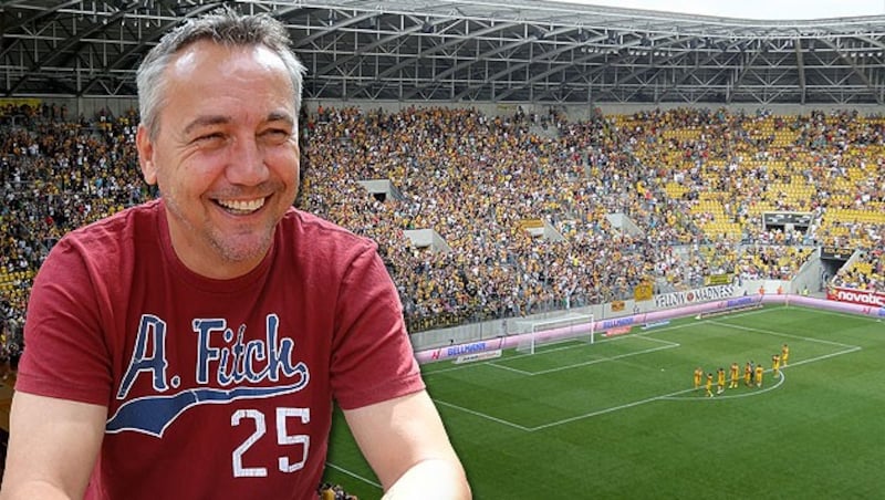 Peter Pacult, das Stadion von Dynamo Dresden im Hintergrund (Bild: Hannes Maierhofer, krone.at-Grafik)