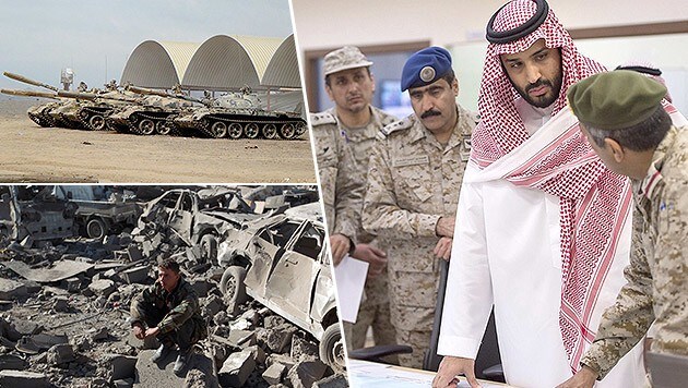 Rechts: Der saudische Verteidigungsminister Mohammed bin Salman bin Abdul Aziz mit Generälen (Bild: AFP, AP)