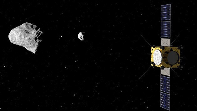 Die Sonde AIM und das Asteroiden-Paar Didymos (Bild: ESA/The Science Office Ltd.)