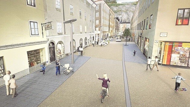 Die neue Griesgasse: Bis zum Sommer soll ein richtiger Wohl-Fühl-Platz in der Altstadt entstehen. (Bild: Stadt Salzburg)