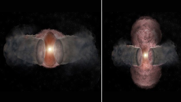 Künstlerische Darstellung der Veränderungen des Protosterns (Bild: Bill Saxton, NRAO/AUI/NSF)