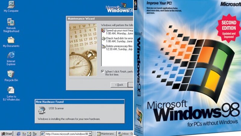 Windows 98 erschien Mitte 1998 und war die letzte Windows-Version, die auf MS-DOS basierte. (Bild: Microsoft)